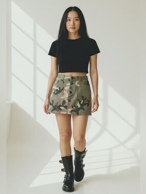Y2K Camo Mini Skirt Snap Front Cargo Style Streetwear Size 8 Clio Denim